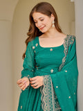 Adorable Green Embroidered Silk Festival Wear Anarkali Pant Suit With Dupatta