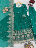 Adorable Green Embroidered Silk Festival Wear Anarkali Pant Suit With Dupatta