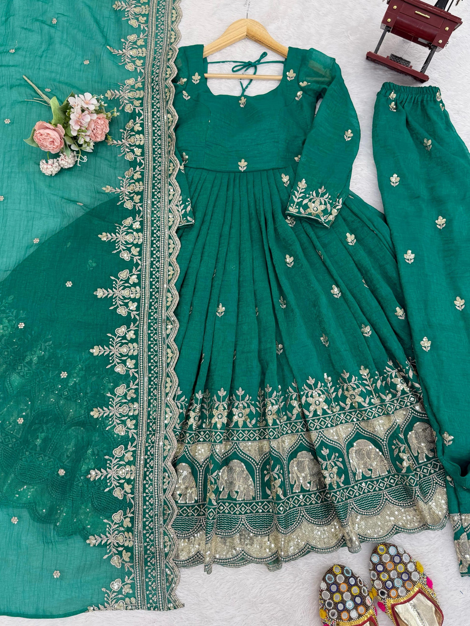 Adorable Green Embroidered Silk Festival Wear Anarkali Pant Suit With Dupatta