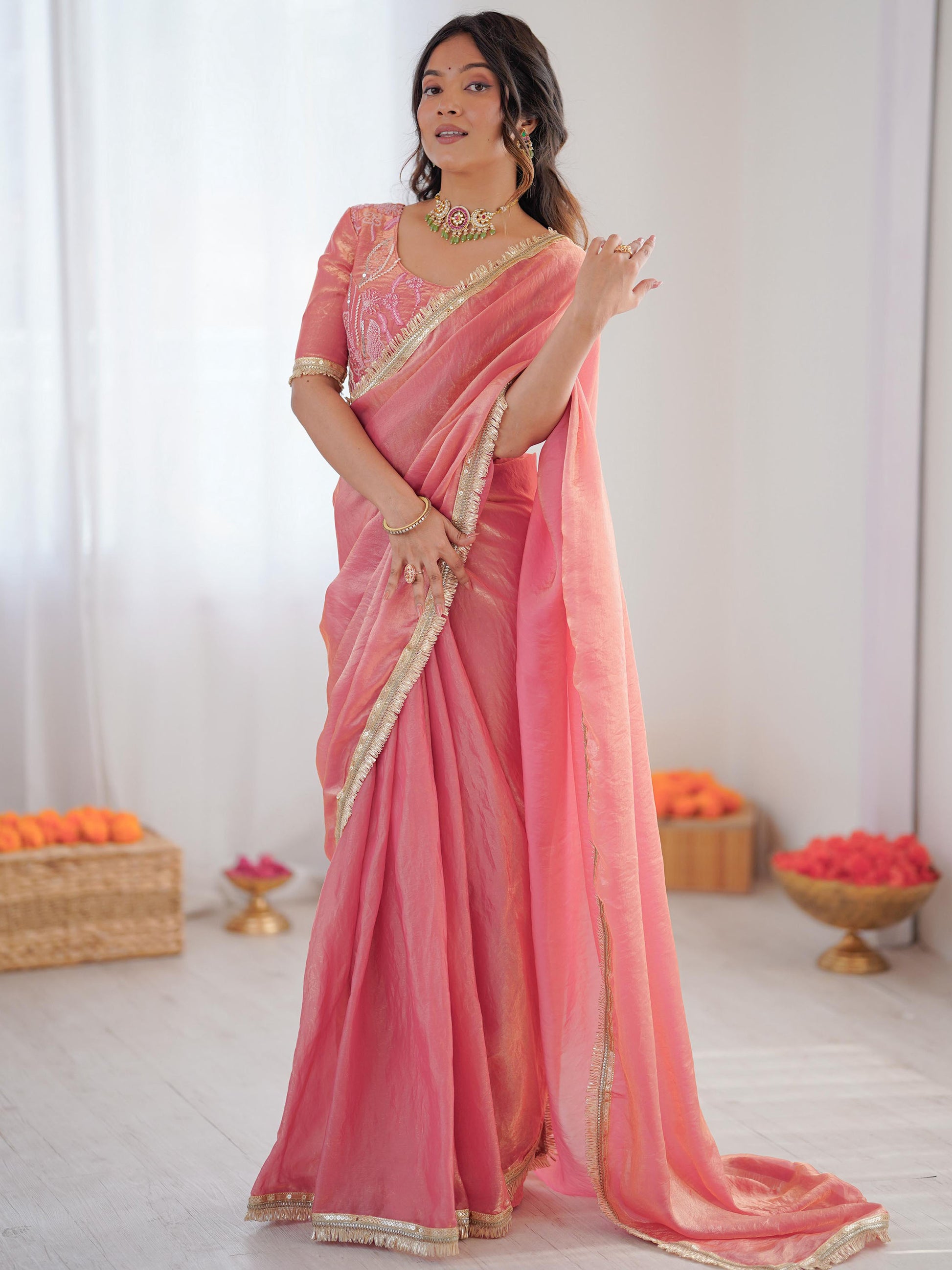 Fabulous Peach Lace Border Silk Designer Saree With Blouse