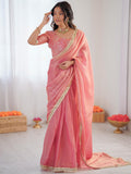 Fabulous Peach Lace Border Silk Designer Saree With Blouse