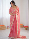 Fabulous Peach Lace Border Silk Designer Saree With Blouse
