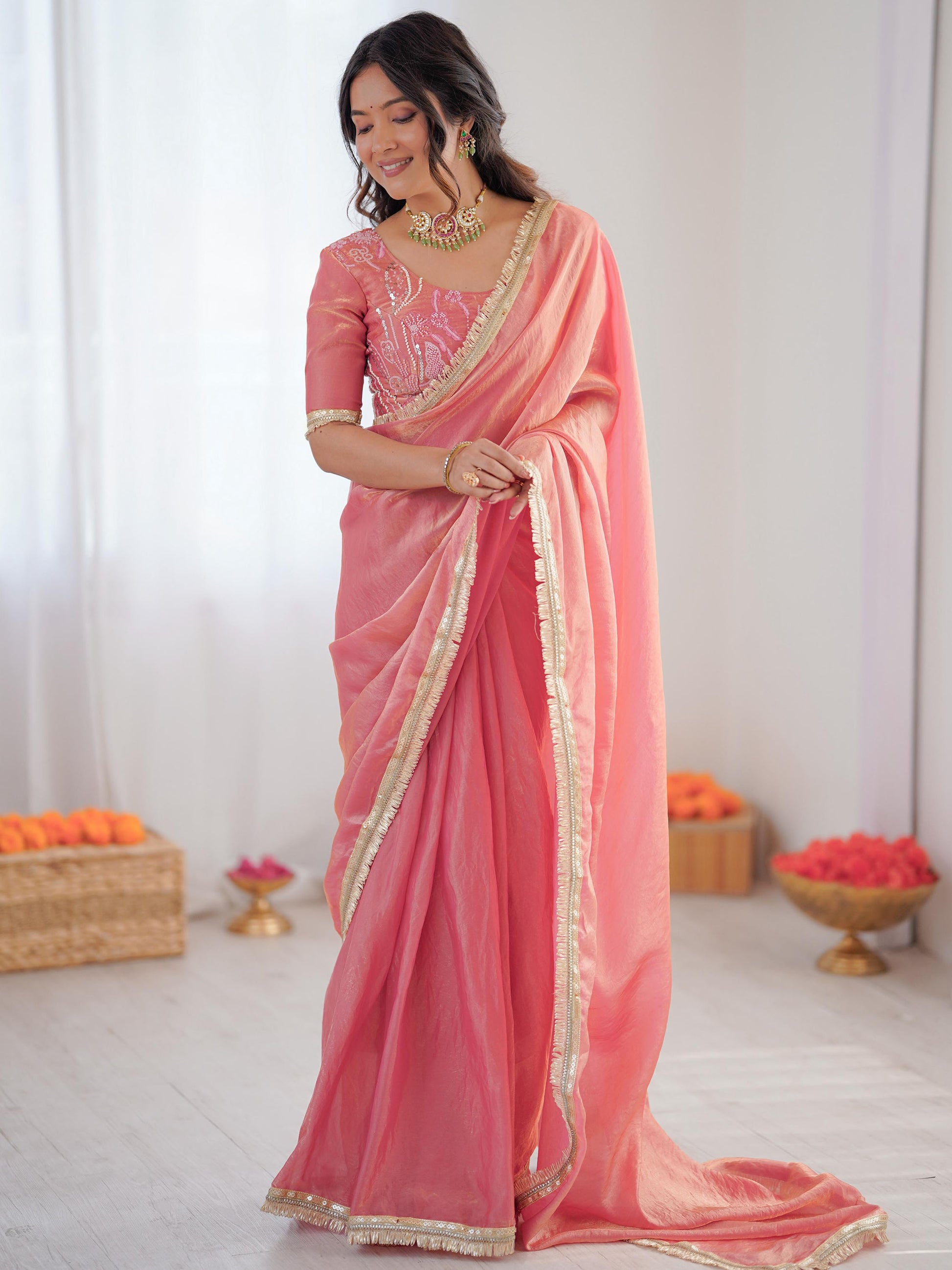 Fabulous Peach Lace Border Silk Designer Saree With Blouse