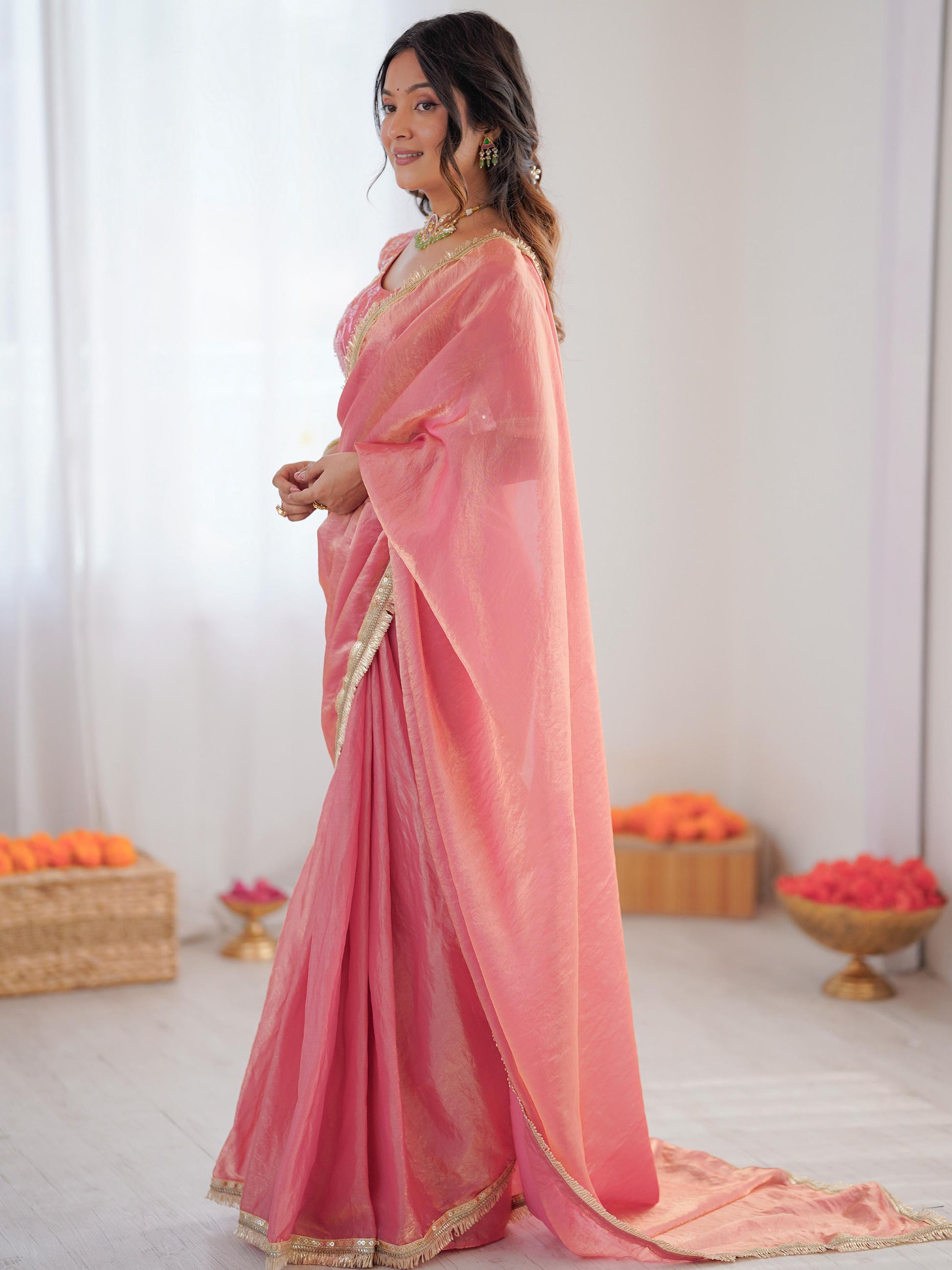 Fabulous Peach Lace Border Silk Designer Saree With Blouse