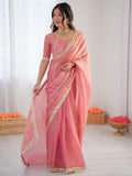 Fabulous Peach Lace Border Silk Designer Saree With Blouse
