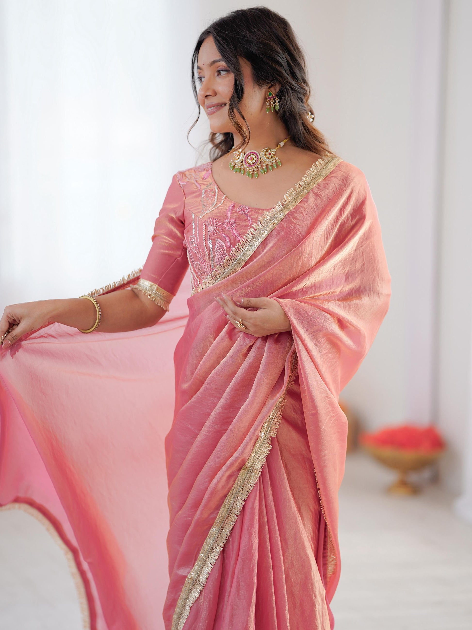 Fabulous Peach Lace Border Silk Designer Saree With Blouse