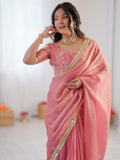Fabulous Peach Lace Border Silk Designer Saree With Blouse