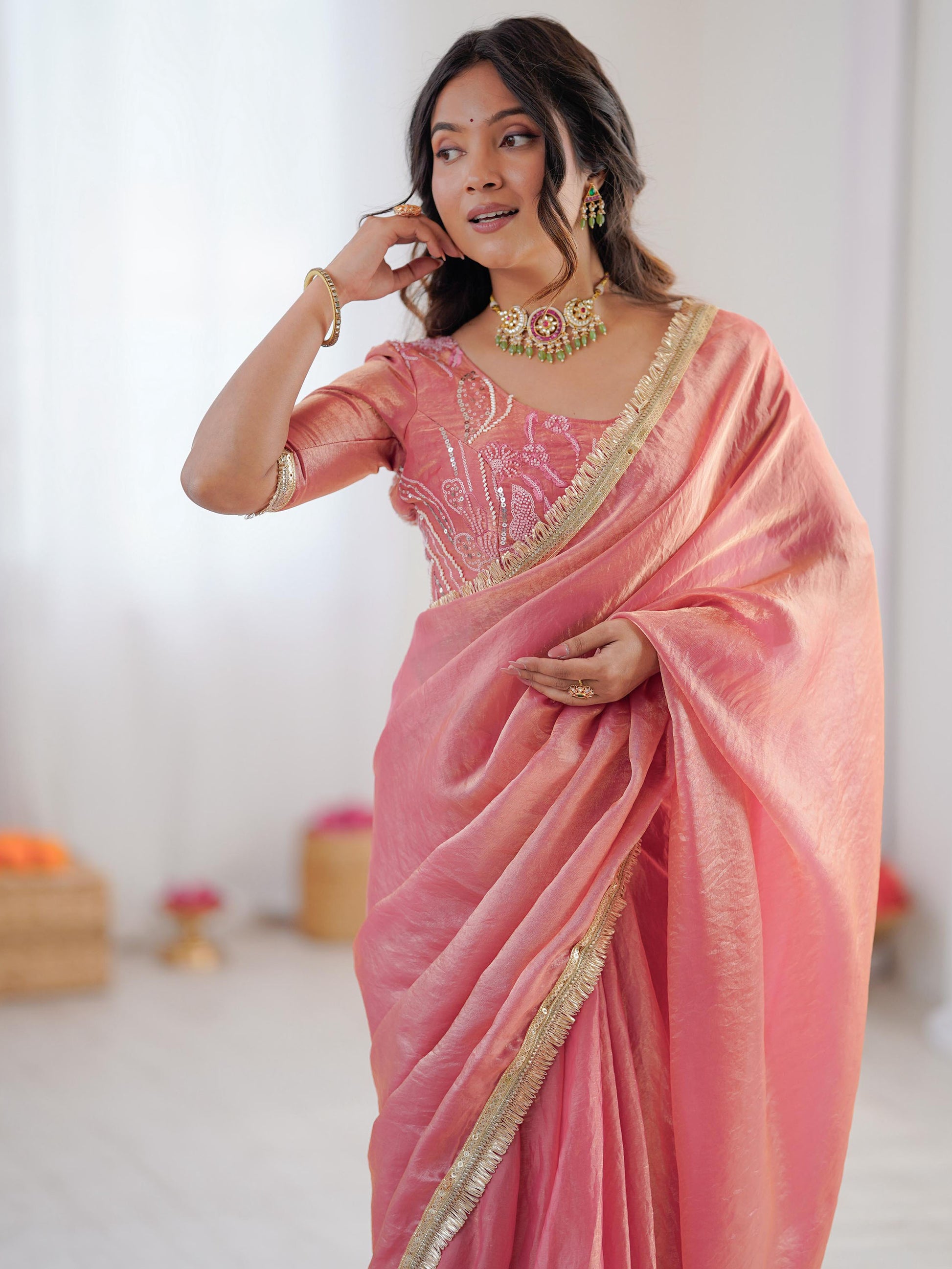Fabulous Peach Lace Border Silk Designer Saree With Blouse