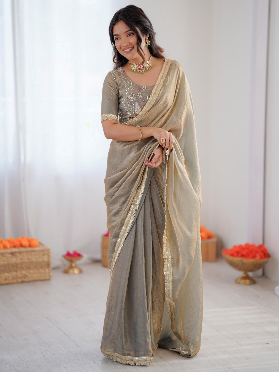 Fabulous Grey Embroidered Silk Party Wear Saree With Blouse