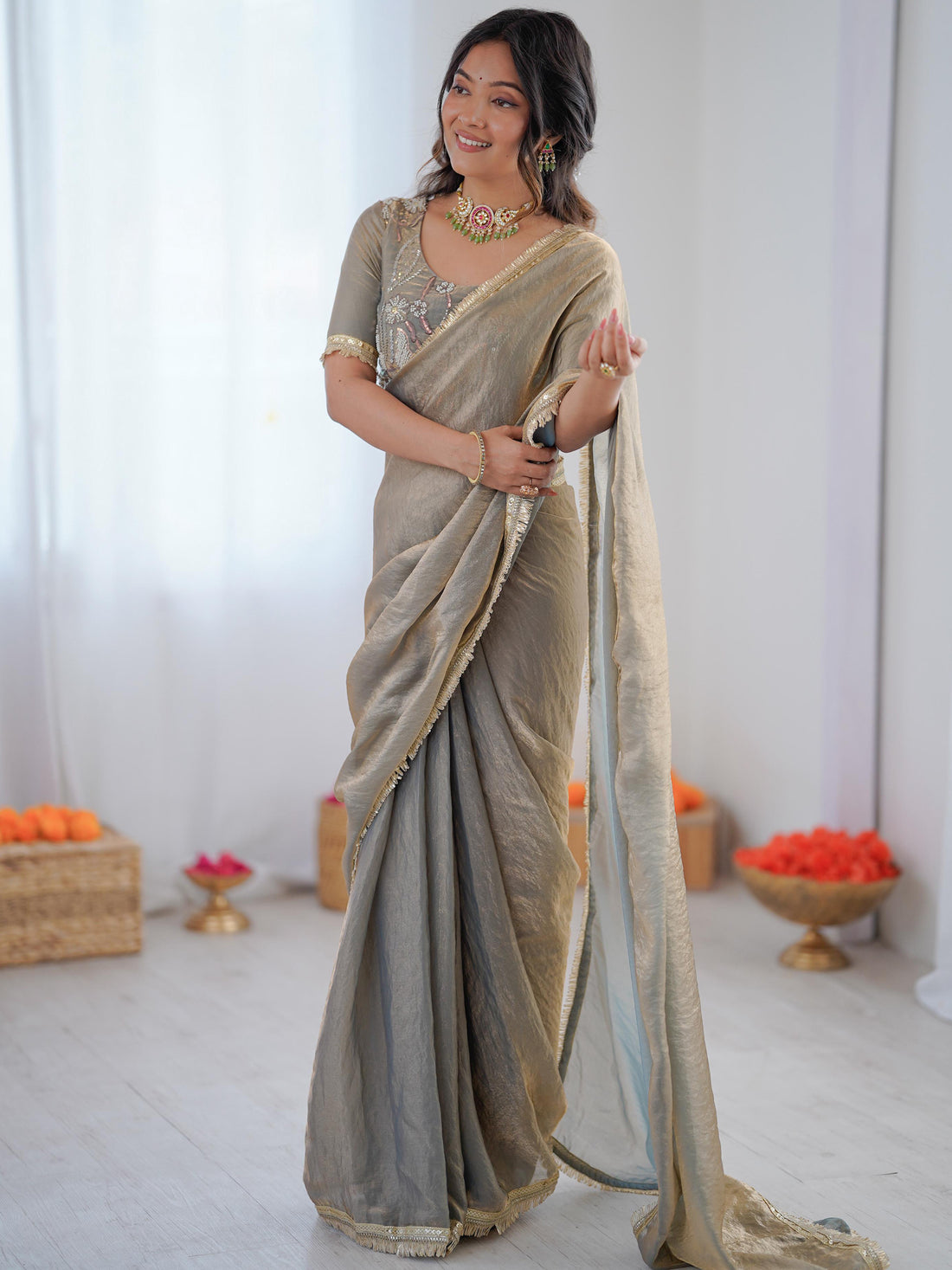 Fabulous Grey Embroidered Silk Party Wear Saree With Blouse