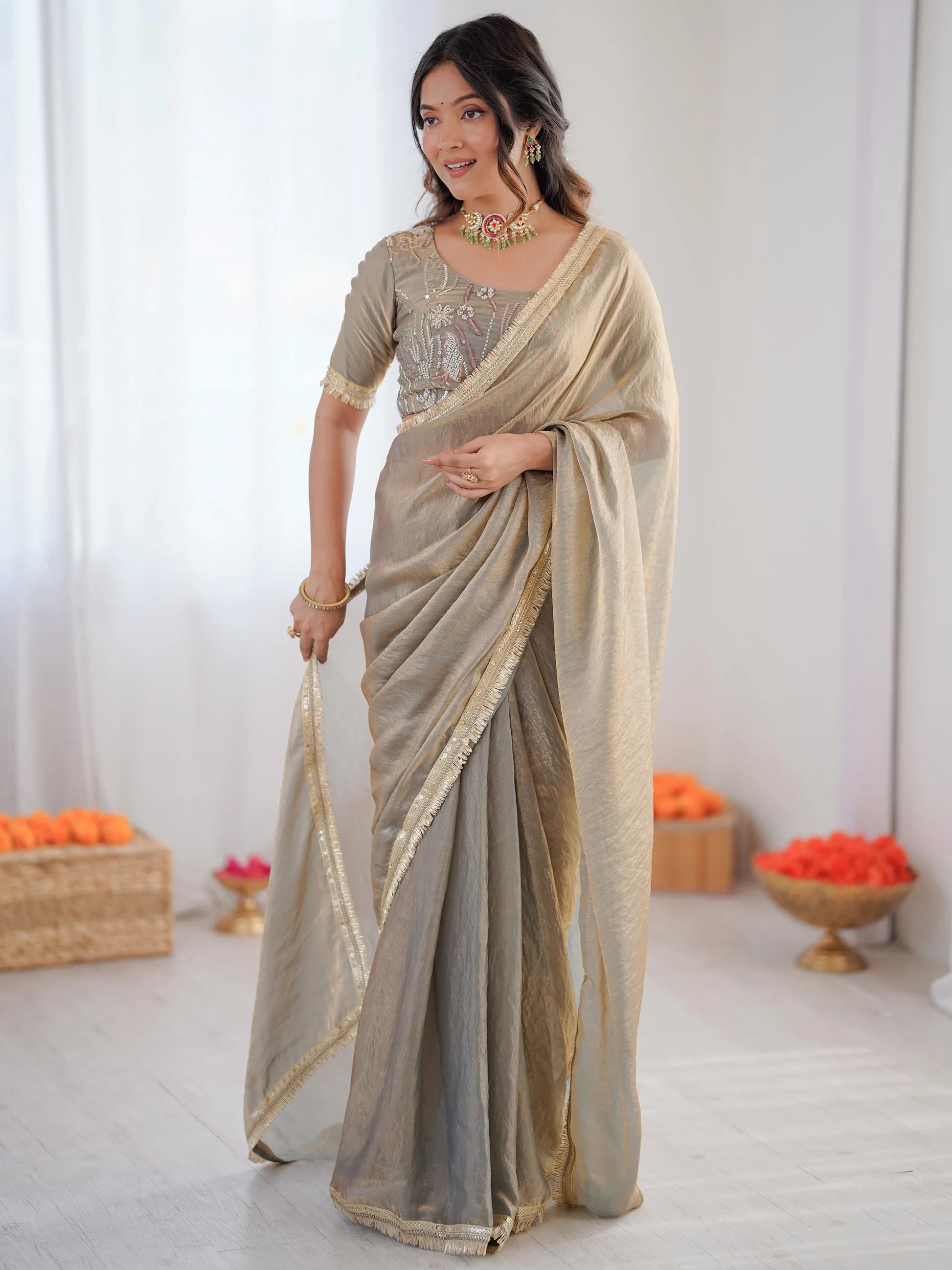Fabulous Grey Embroidered Silk Party Wear Saree With Blouse