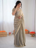 Fabulous Grey Embroidered Silk Party Wear Saree With Blouse