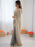 Fabulous Grey Embroidered Silk Party Wear Saree With Blouse