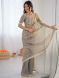 Fabulous Grey Embroidered Silk Party Wear Saree With Blouse