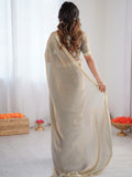 Fabulous Grey Embroidered Silk Party Wear Saree With Blouse