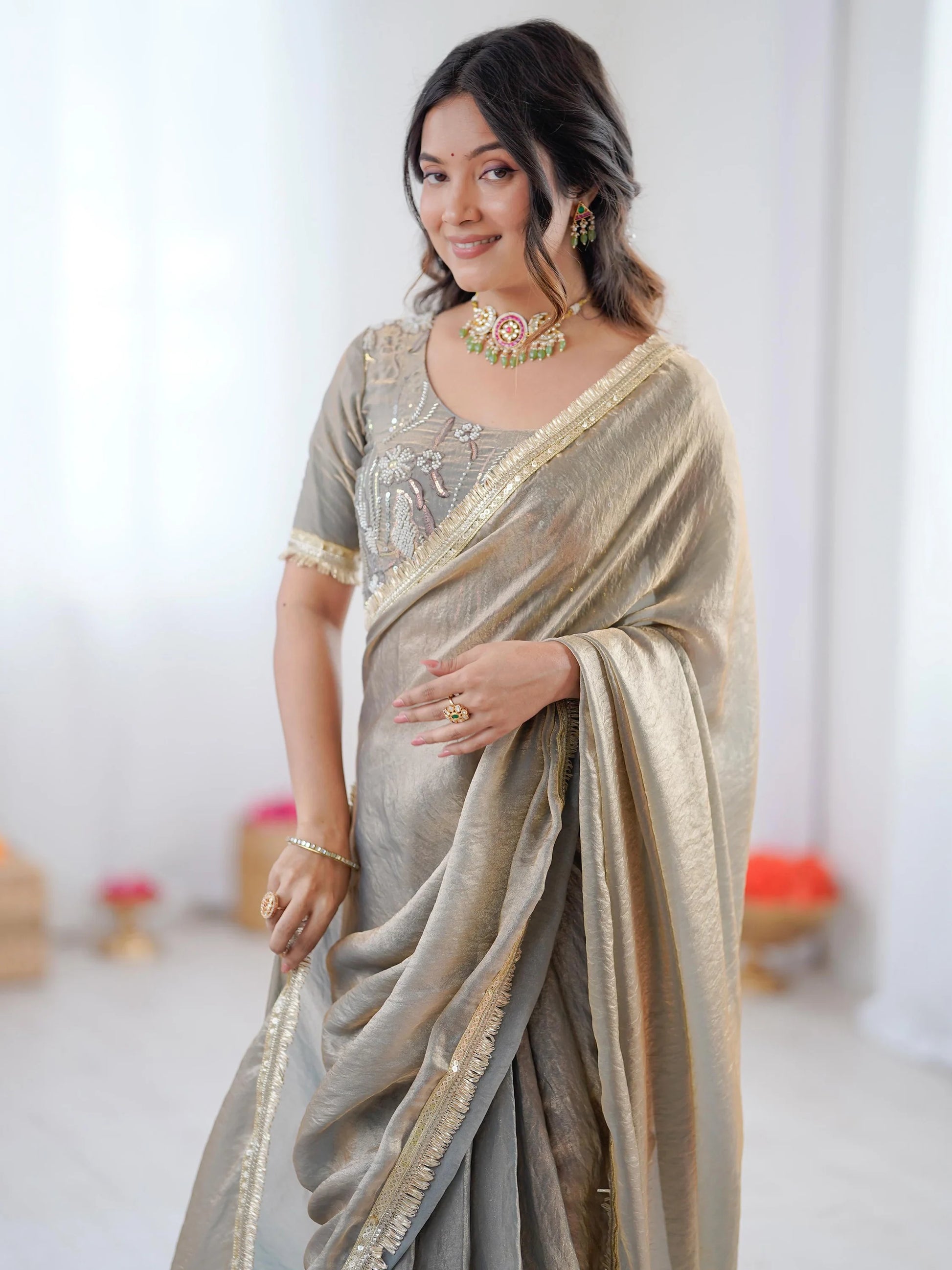 Fabulous Grey Embroidered Silk Party Wear Saree With Blouse