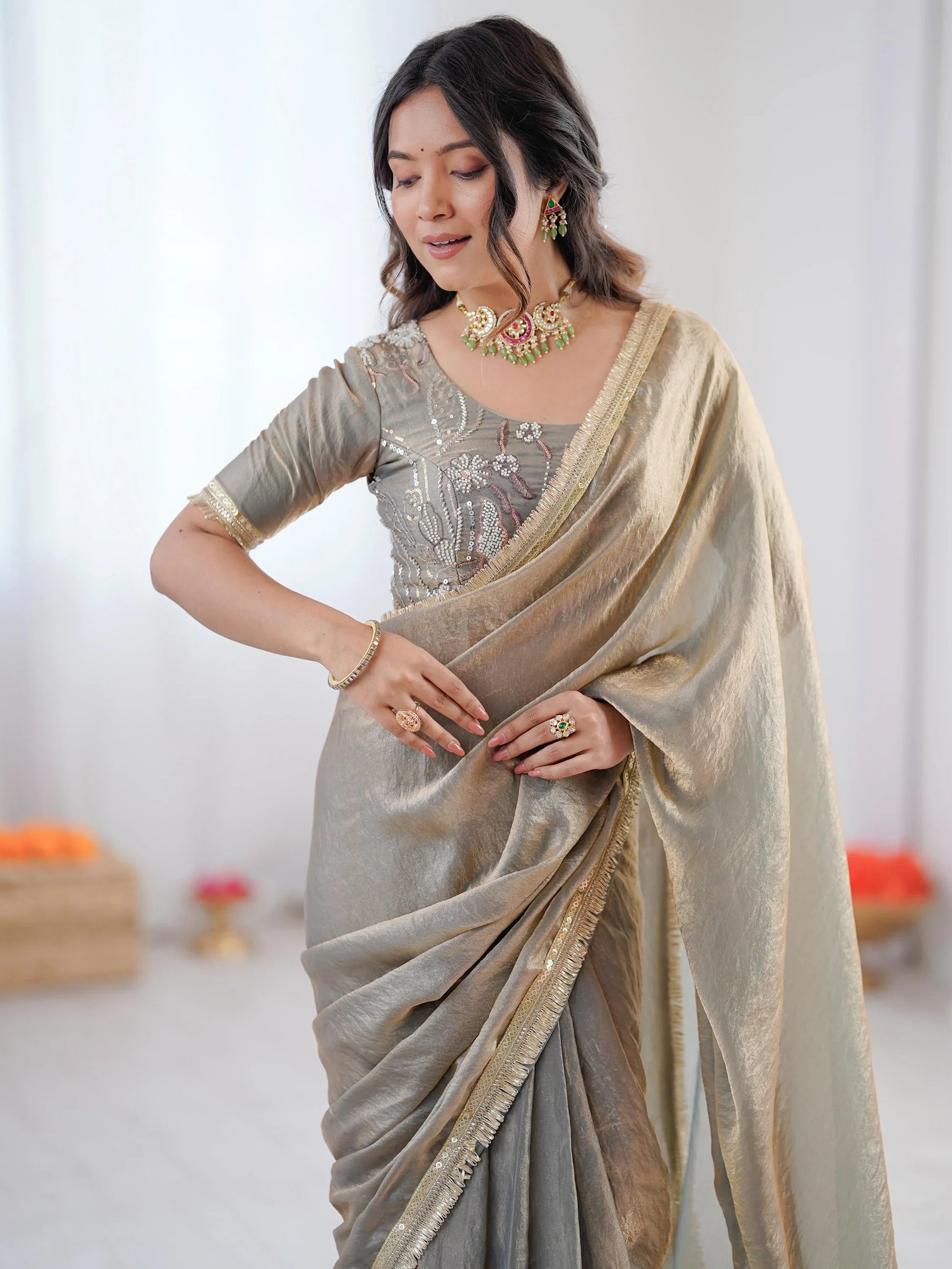 Fabulous Grey Embroidered Silk Party Wear Saree With Blouse