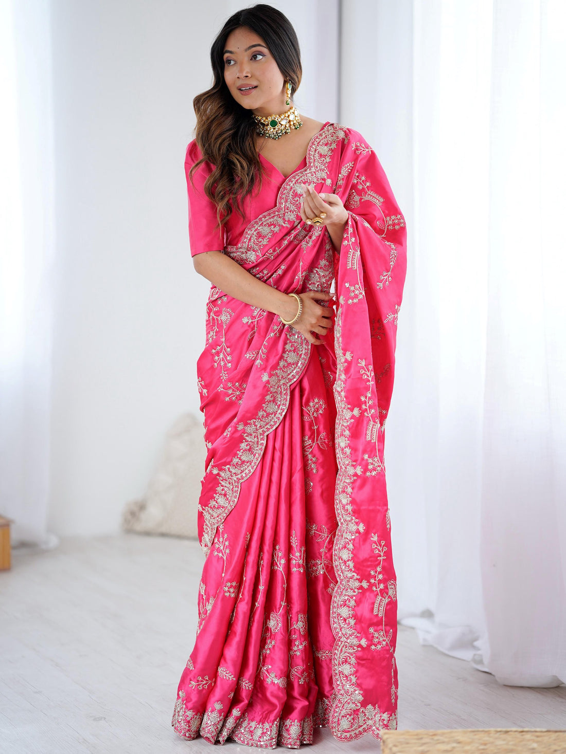 Sparkling Rani Pink Sequins Embroidered Satin Saree With Blouse