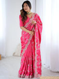 Sparkling Rani Pink Sequins Embroidered Satin Saree With Blouse