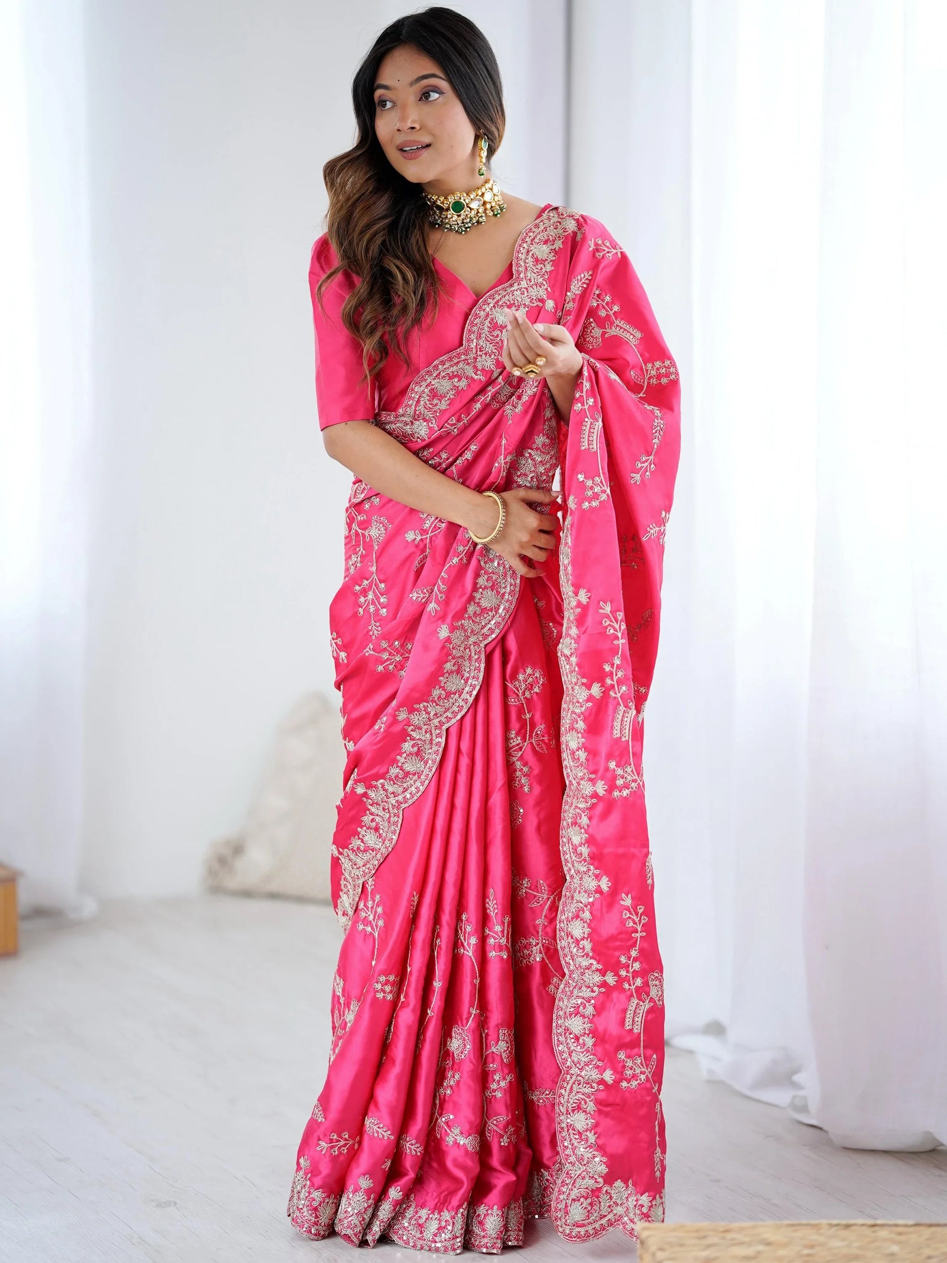 Sparkling Rani Pink Sequins Embroidered Satin Saree With Blouse