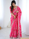 Sparkling Rani Pink Sequins Embroidered Satin Saree With Blouse