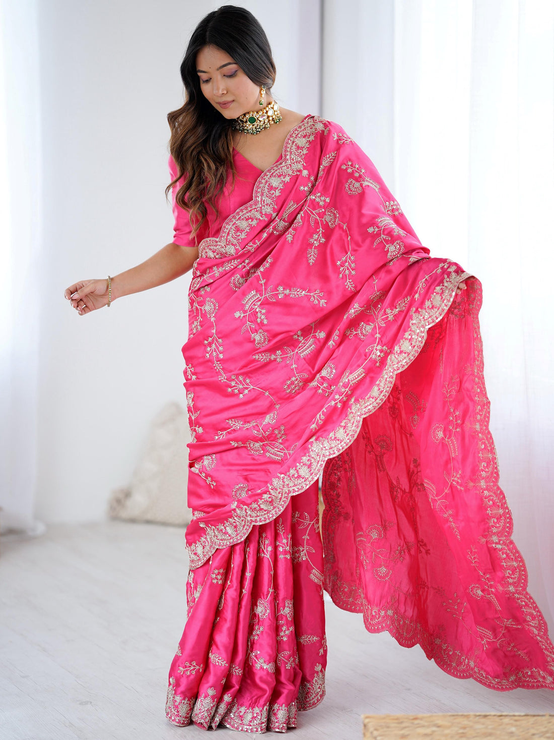 Sparkling Rani Pink Sequins Embroidered Satin Saree With Blouse