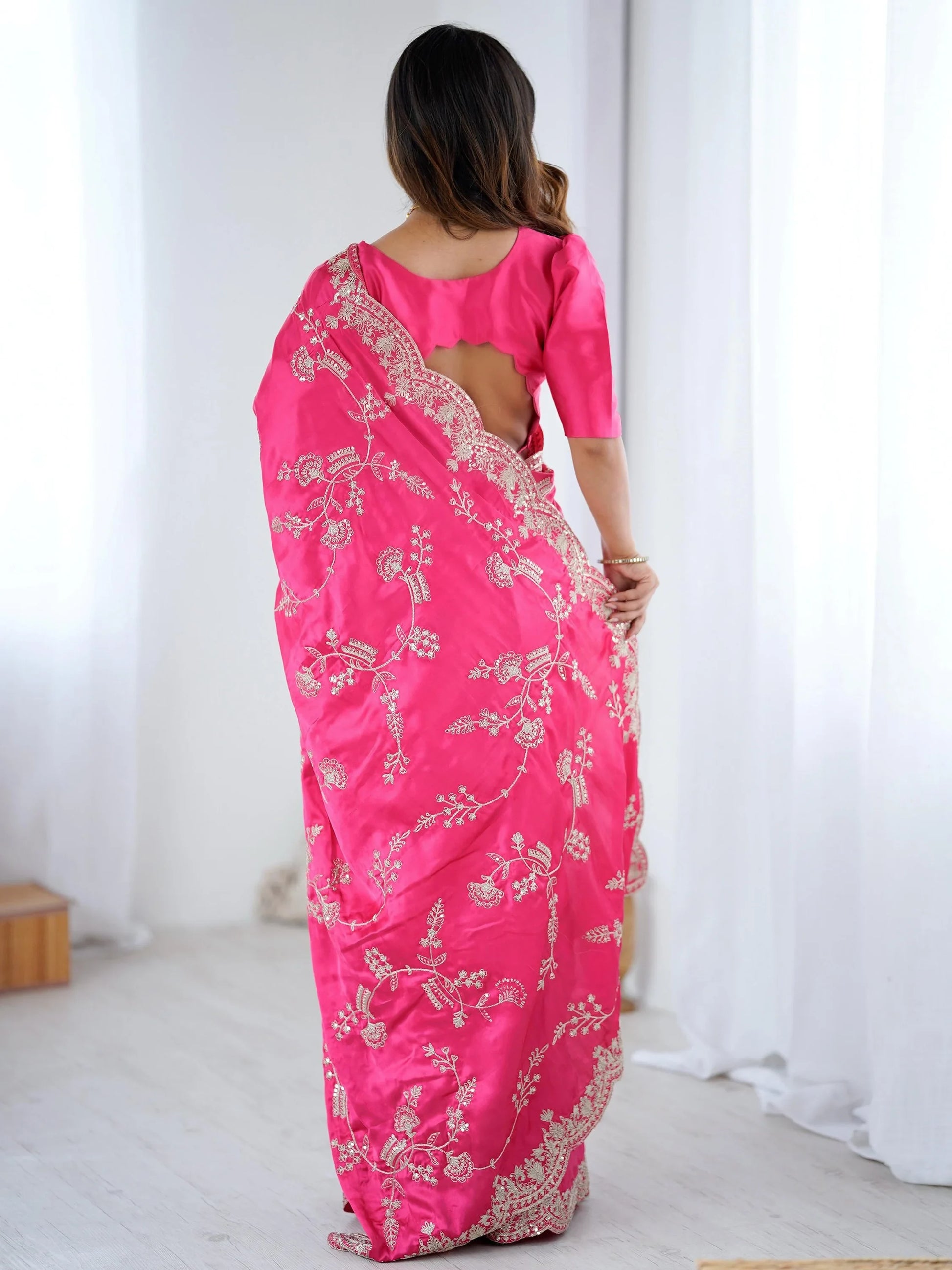 Sparkling Rani Pink Sequins Embroidered Satin Saree With Blouse