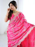 Sparkling Rani Pink Sequins Embroidered Satin Saree With Blouse