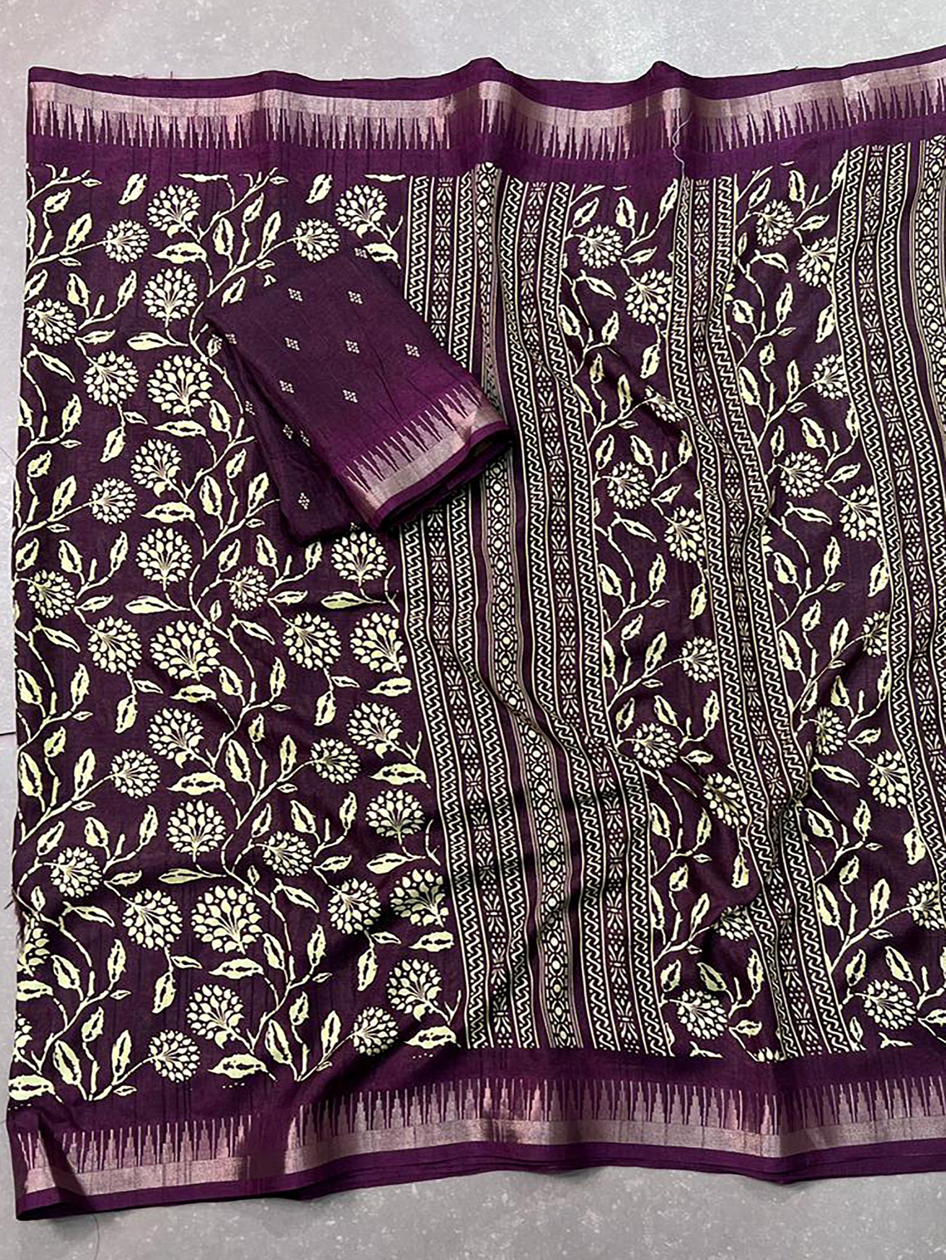 Fabulous Wine Floral Printed Silk Casual Wear Saree With Blouse
