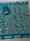 Attractive Teal Green Floral Printed Silk Casual Wear Saree With Blouse