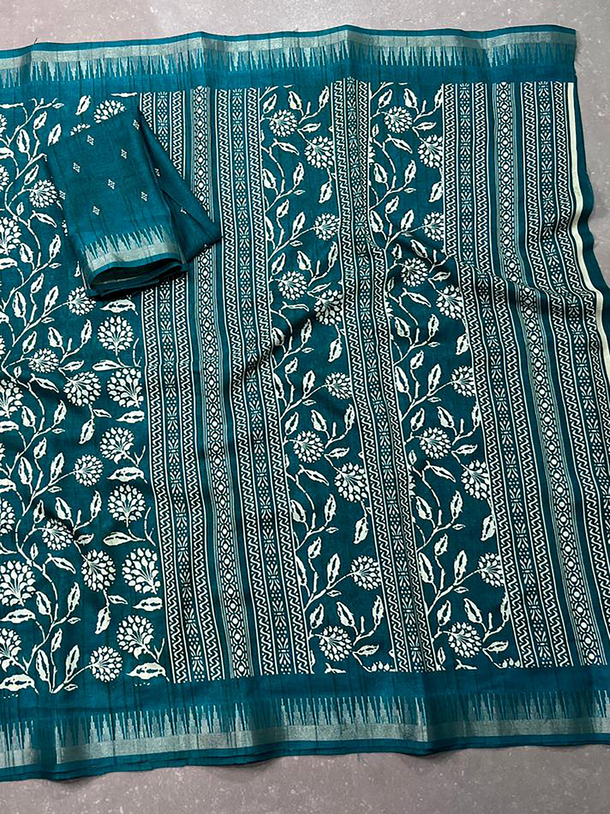 Attractive Teal Green Floral Printed Silk Casual Wear Saree With Blouse