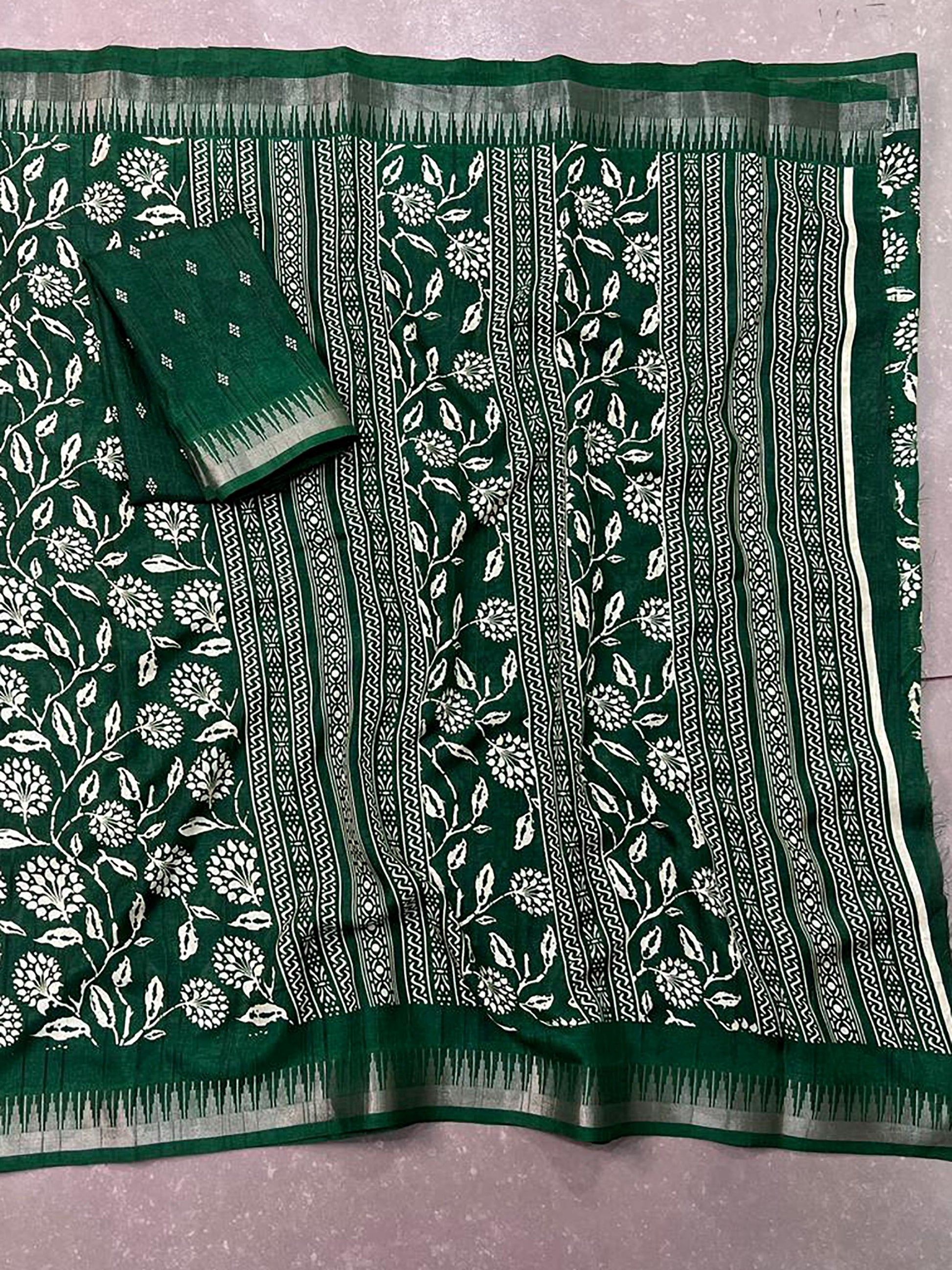 Adorable Green Floral Printed Silk Festival Wear Saree With Blouse