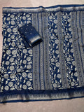 Precious  Navy Blue Floral Printed Silk Casual Wear Saree With Blouse