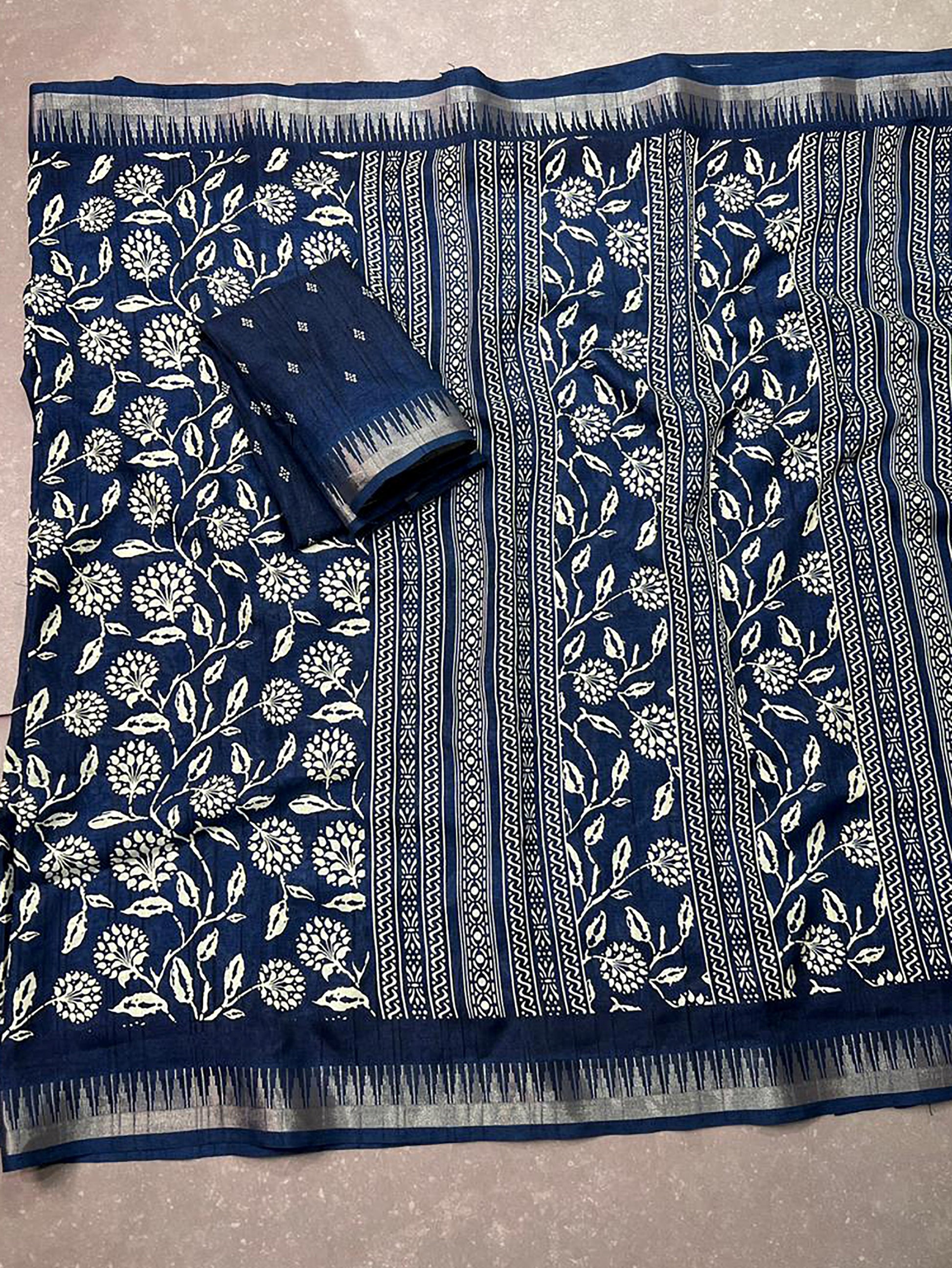 Precious  Navy Blue Floral Printed Silk Casual Wear Saree With Blouse