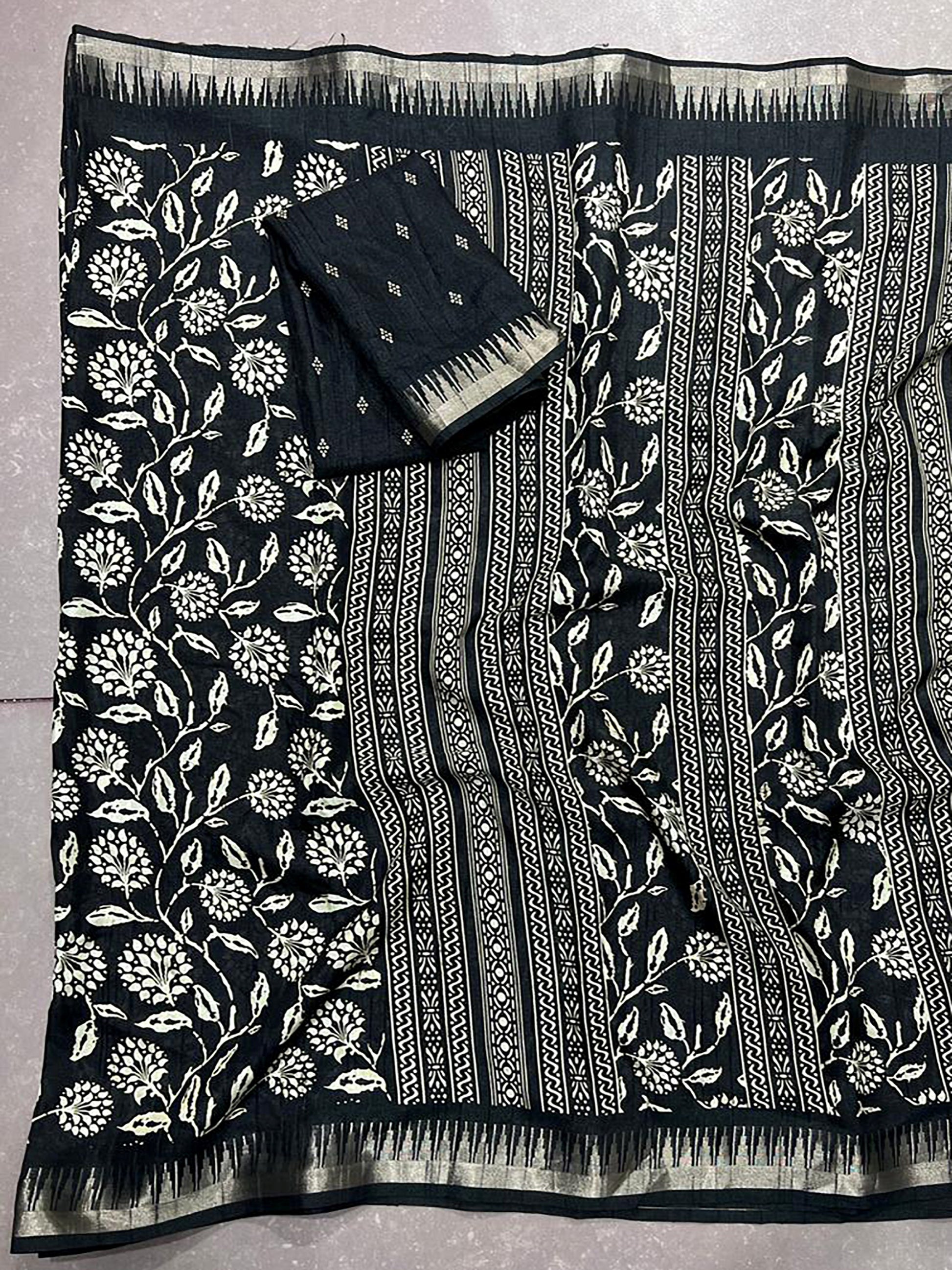 Wonderful Black Floral Printed Silk Casual Wear Saree With Blouse