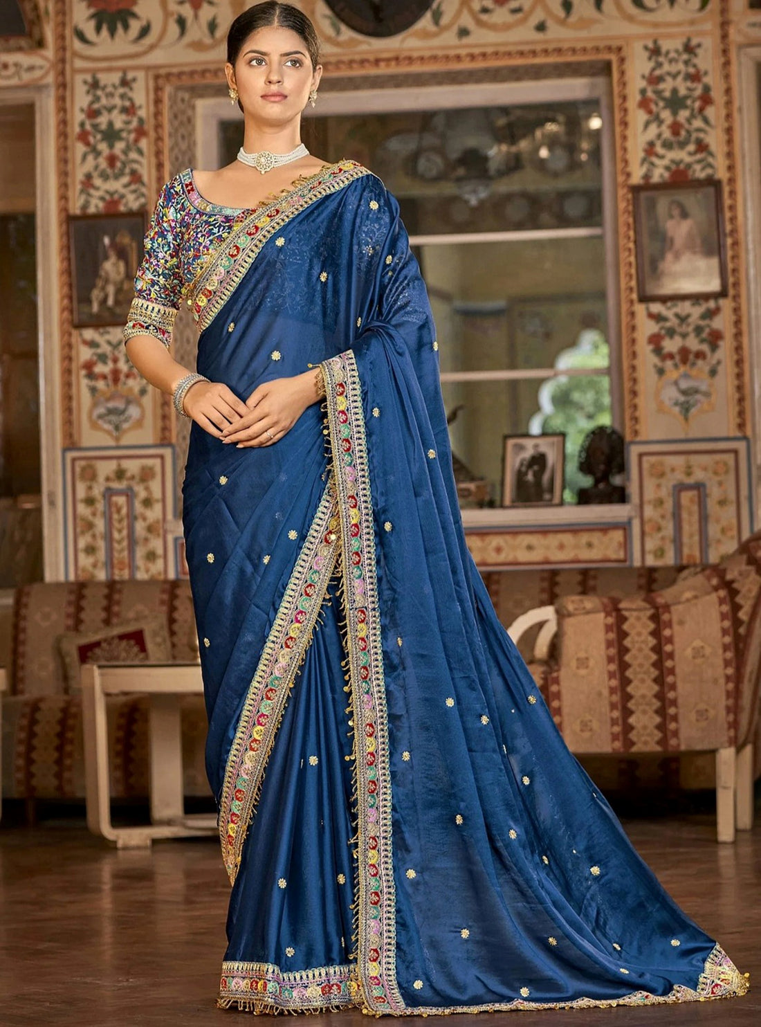 Sparkling Navy-Blue Zari Work Georgette Saree With Blouse