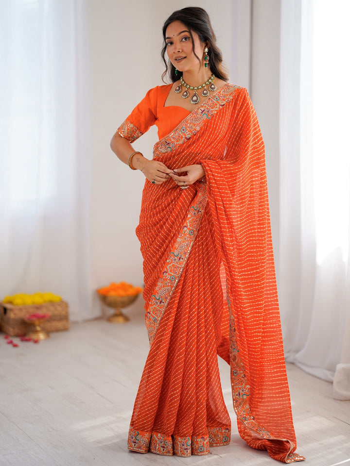Glowing Orange Embroidery Georgette Festival Wear Saree With Blouse