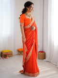 Glowing Orange Embroidery Georgette Festival Wear Saree With Blouse