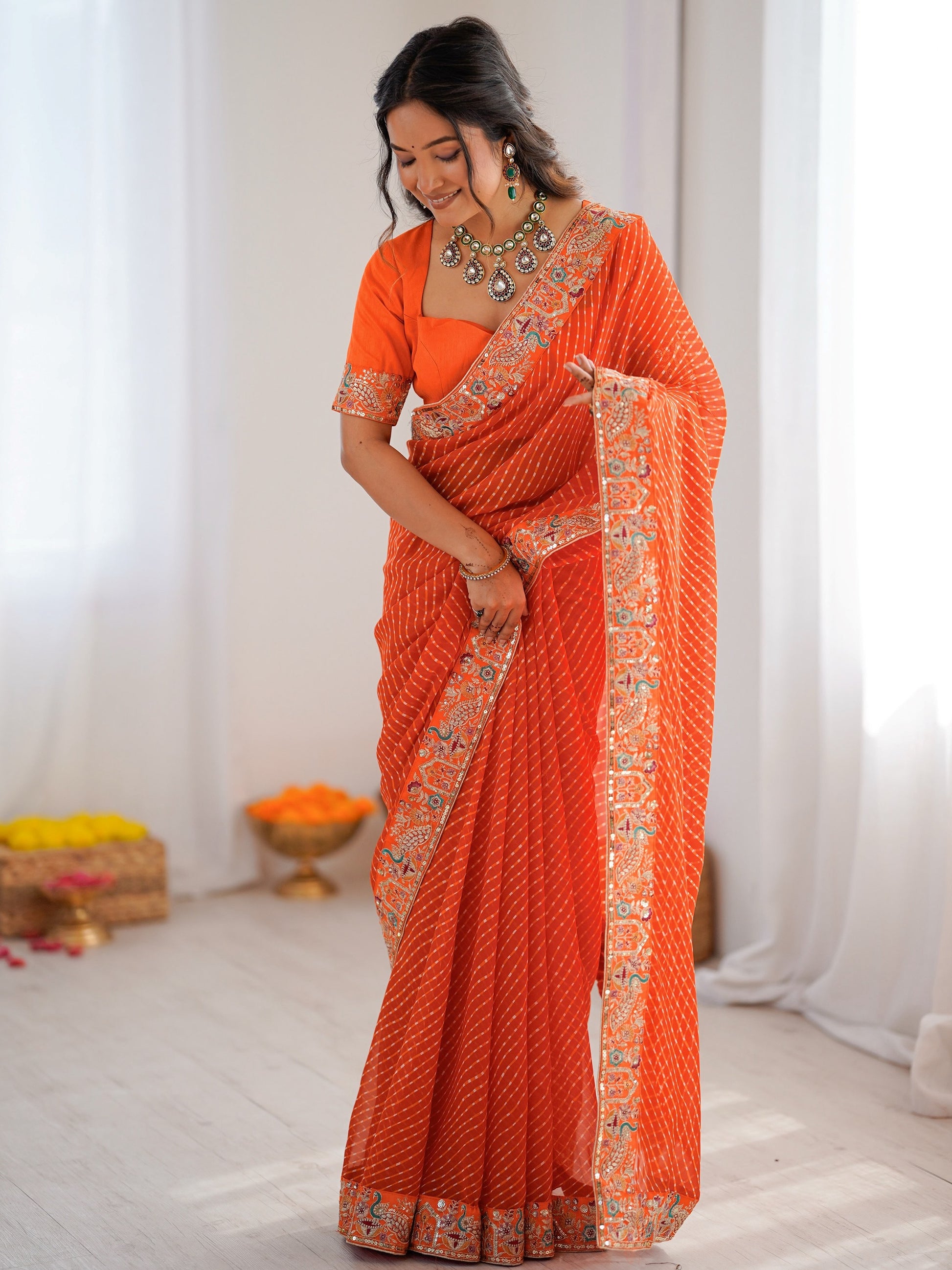Glowing Orange Embroidery Georgette Festival Wear Saree With Blouse