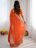 Glowing Orange Embroidery Georgette Festival Wear Saree With Blouse