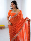 Glowing Orange Embroidery Georgette Festival Wear Saree With Blouse