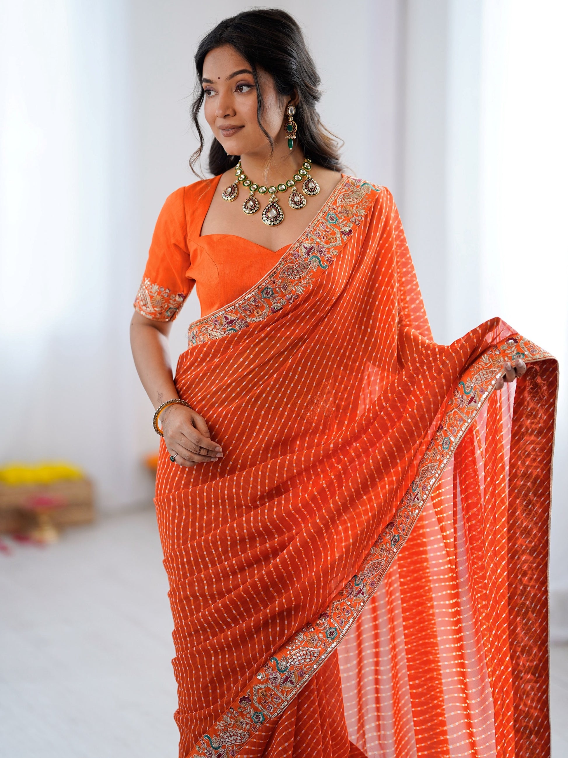 Glowing Orange Embroidery Georgette Festival Wear Saree With Blouse
