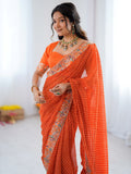 Glowing Orange Embroidery Georgette Festival Wear Saree With Blouse