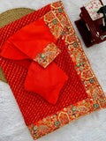 Glowing Orange Embroidery Georgette Festival Wear Saree With Blouse