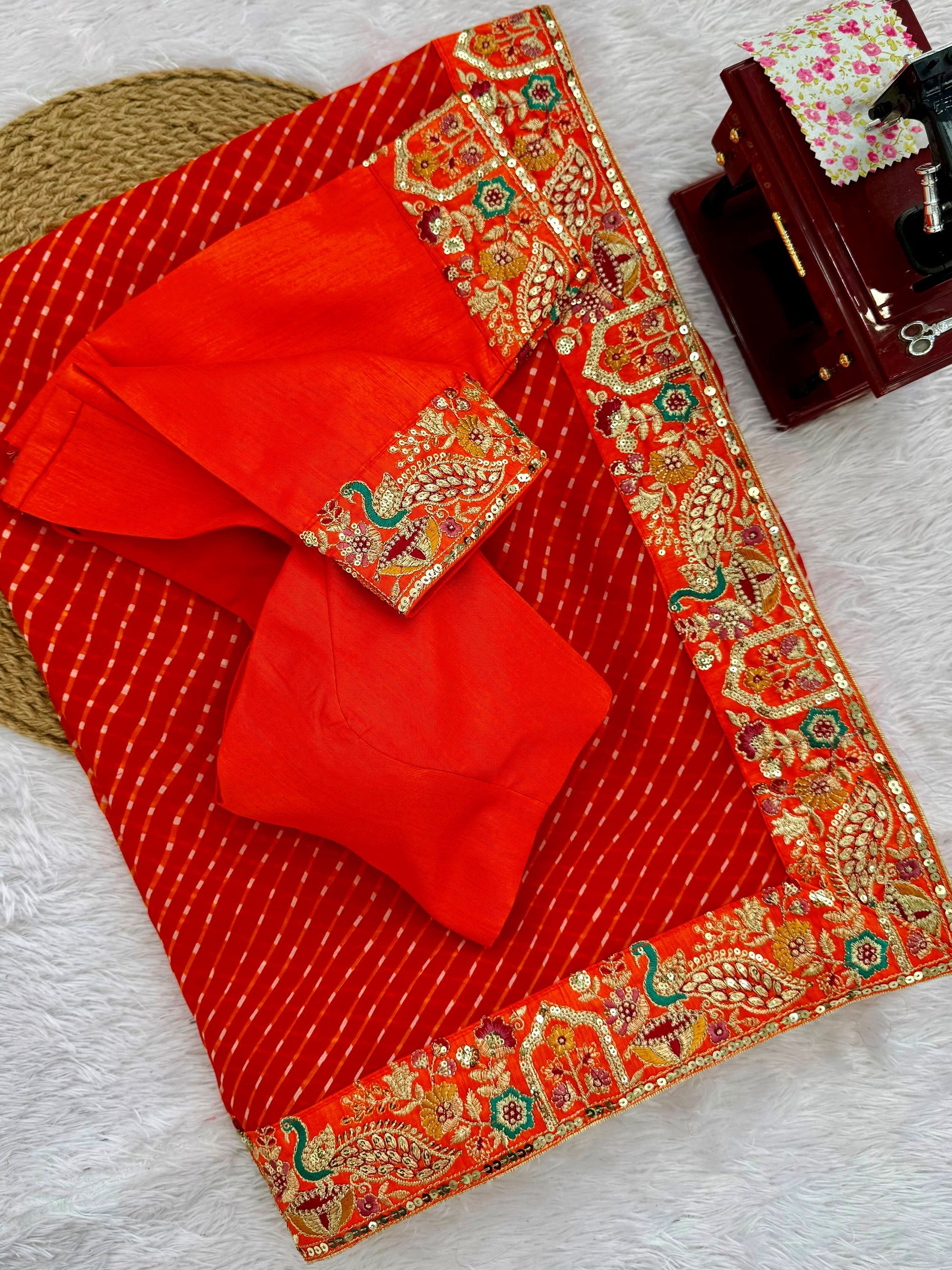 Glowing Orange Embroidery Georgette Festival Wear Saree With Blouse