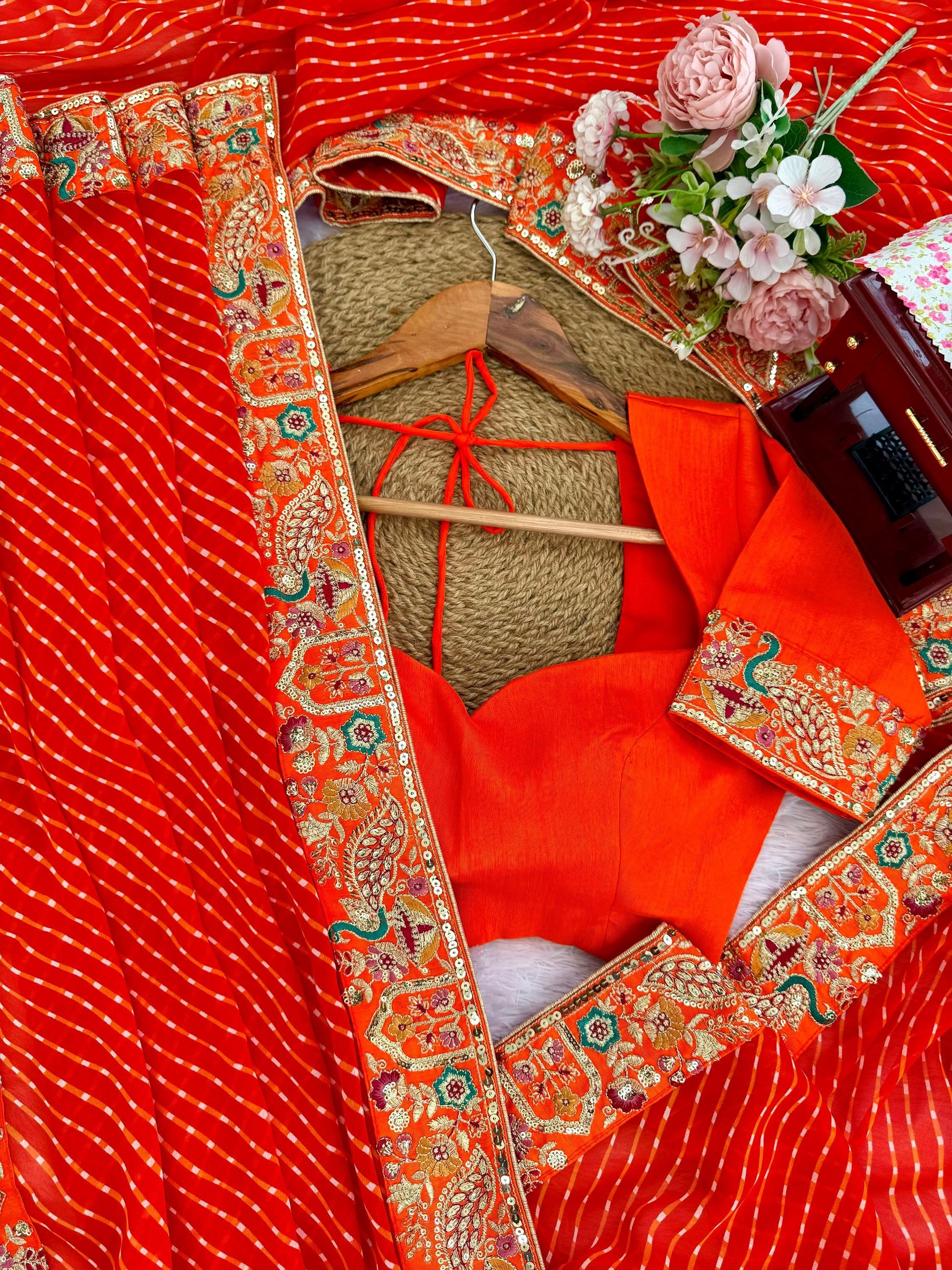 Glowing Orange Embroidery Georgette Festival Wear Saree With Blouse