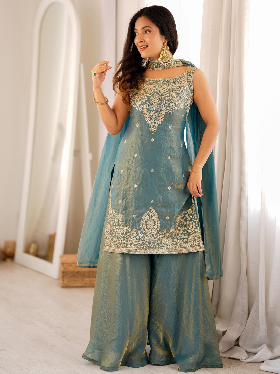 Stylish Green Embroidered Silk Festival Wear Sharara Suit With Dupatta