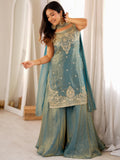 Stylish Green Embroidered Silk Festival Wear Sharara Suit With Dupatta
