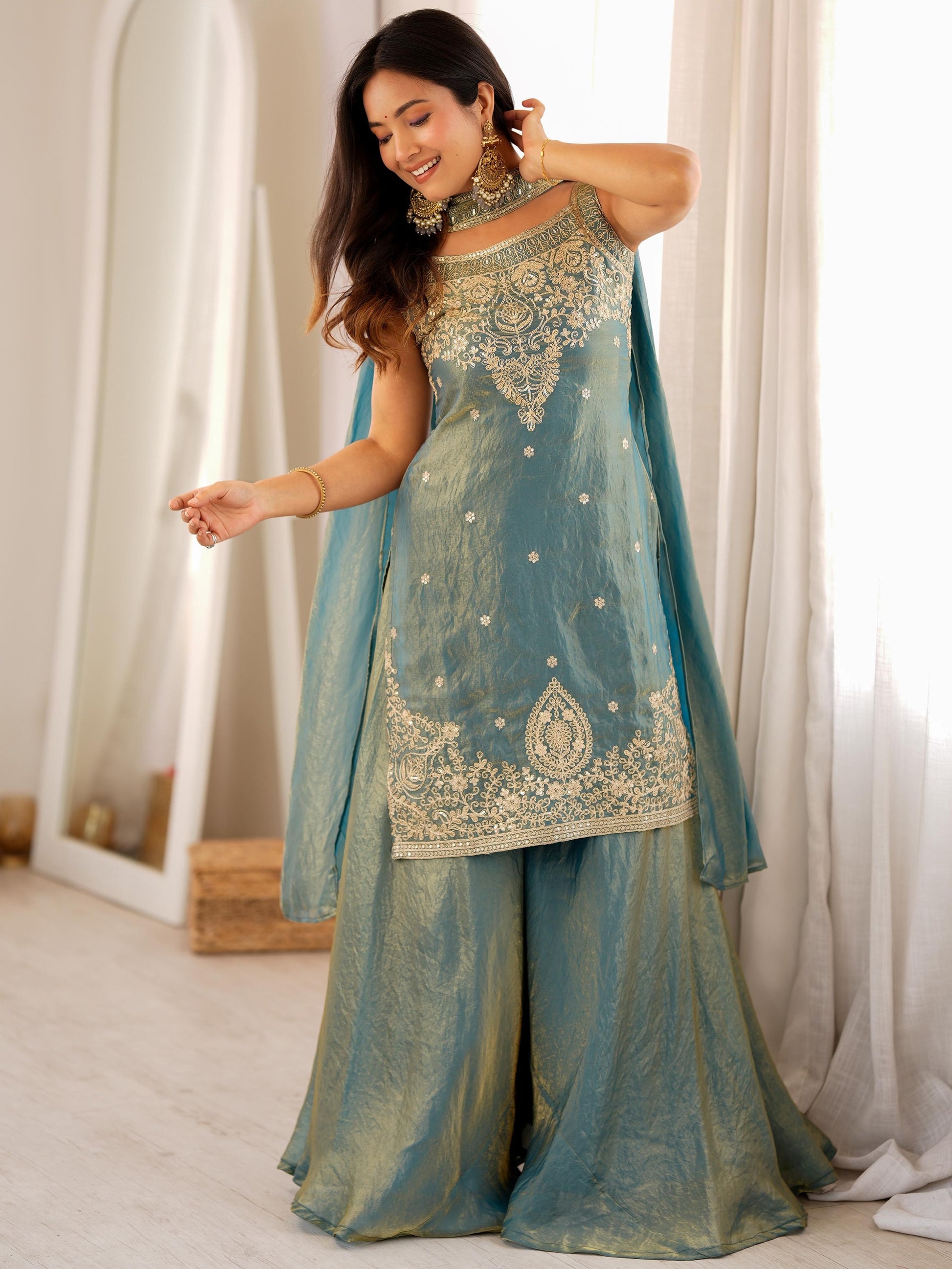 Stylish Green Embroidered Silk Festival Wear Sharara Suit With Dupatta
