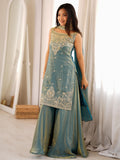 Stylish Green Embroidered Silk Festival Wear Sharara Suit With Dupatta